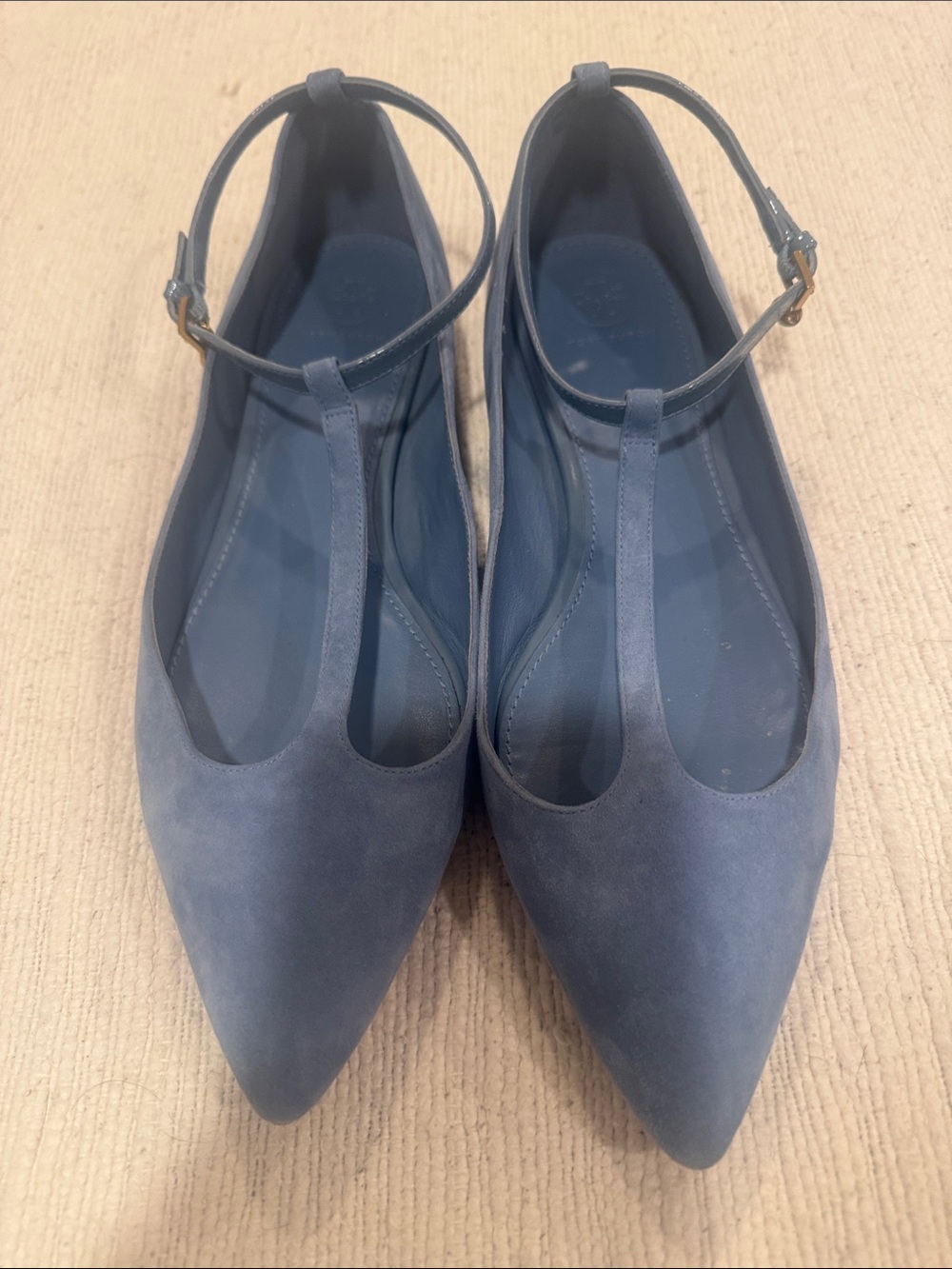 Women's Pointed T-Strap Flats in Slate Blue